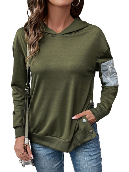 Color-Blocked Hoodie with Zipper Pocket and Side Snaps