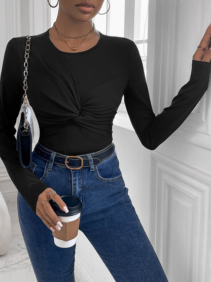 Round Neck Long Sleeve Top with Twisted Front
