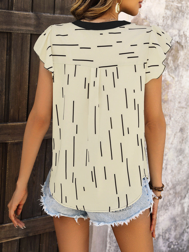 Line Print Blouse with Color-Block V-Neck and Flutter Sleeves