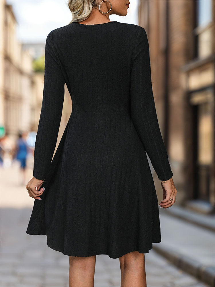 A-Line Ribbed Knit Dress with Hollow-Out V-Neck and Long Sleeves