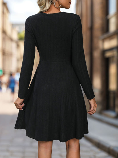 A-Line Ribbed Knit Dress with Hollow-Out V-Neck and Long Sleeves