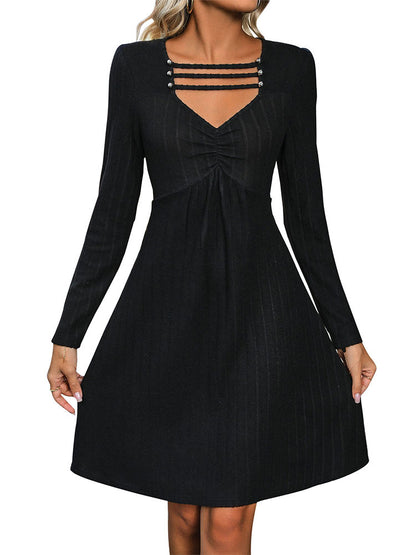 A-Line Ribbed Knit Dress with Hollow-Out V-Neck and Long Sleeves