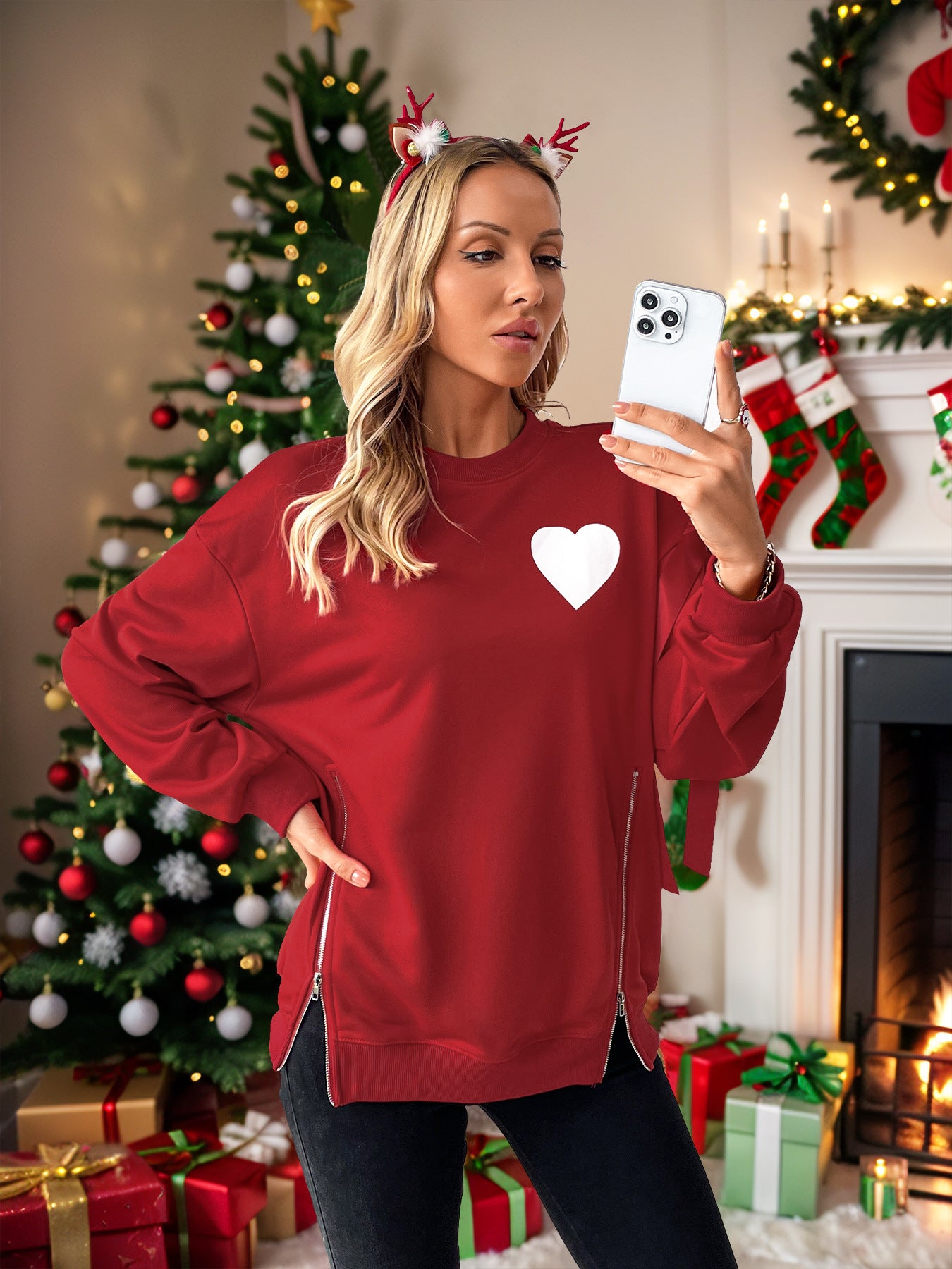 Christmas Red Love Heart Sweatshirt with Side Zippers