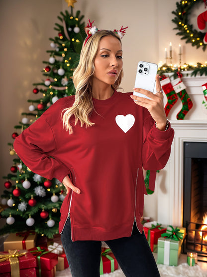 Christmas Red Love Heart Sweatshirt with Side Zippers