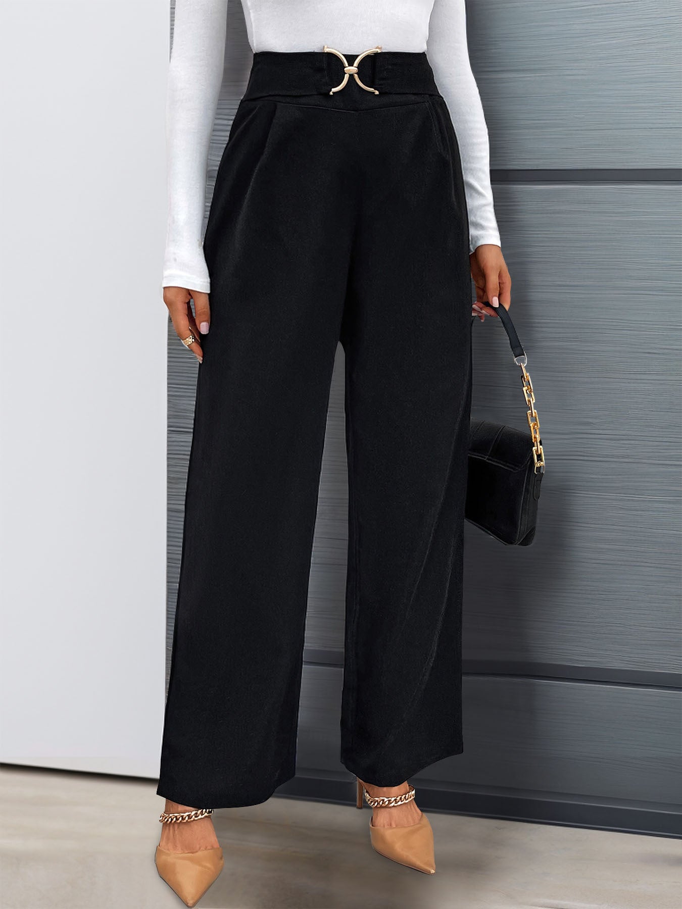 High-Waist Wide-Leg Pants with Buckle Detail
