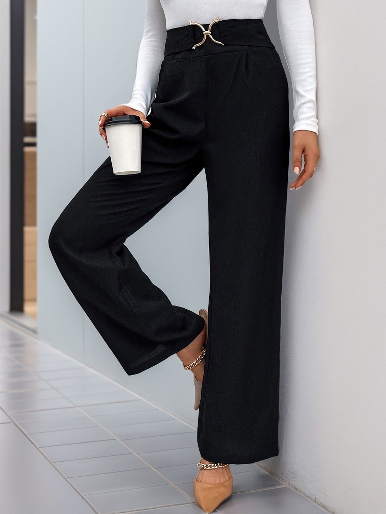 High-Waist Wide-Leg Pants with Buckle Detail