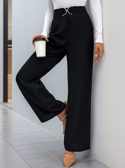 High-Waist Wide-Leg Pants with Buckle Detail