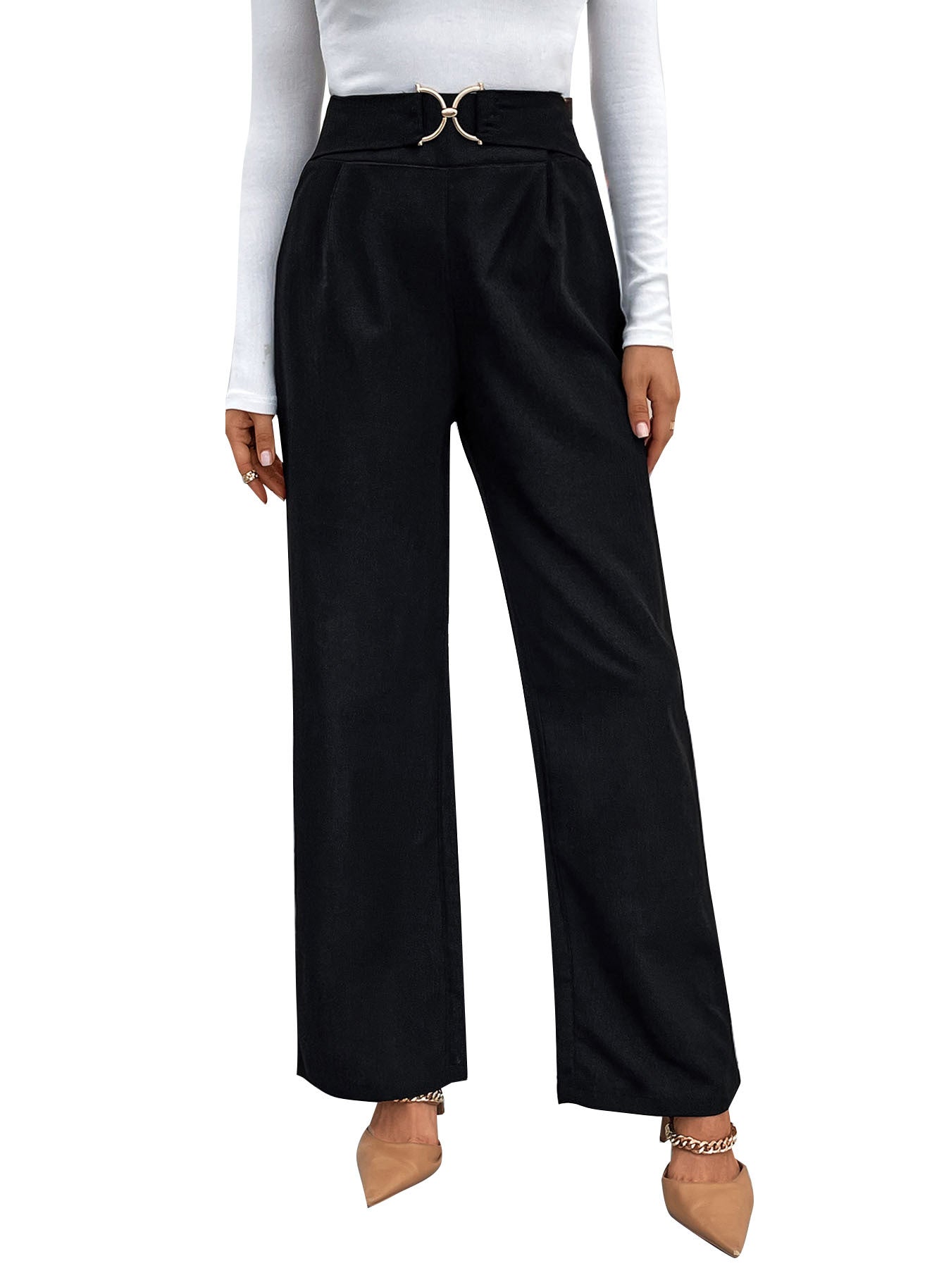 High-Waist Wide-Leg Pants with Buckle Detail
