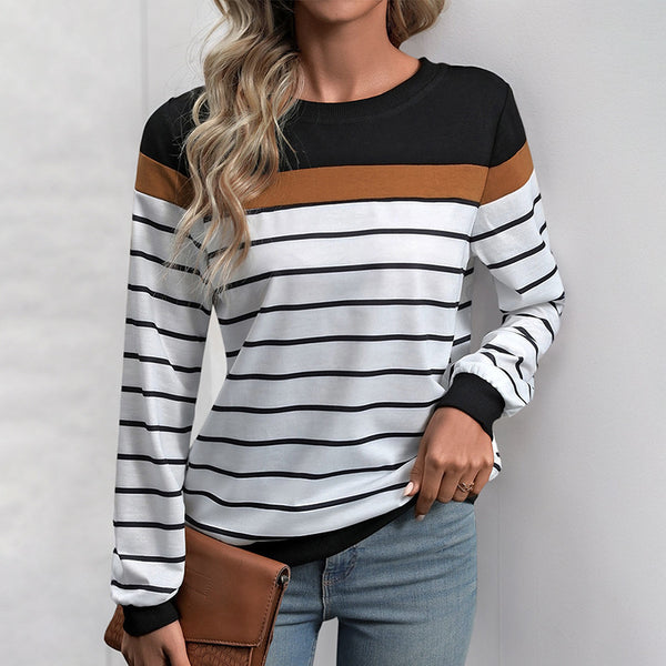 Striped Color Block Top with Round Neck