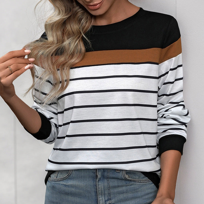 Striped Color Block Top with Round Neck