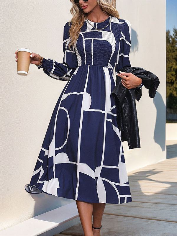 Geometric A-Line Midi Dress with Smocked Bodice