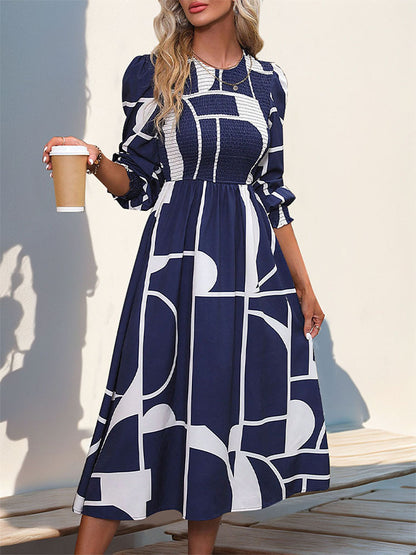 Geometric A-Line Midi Dress with Smocked Bodice