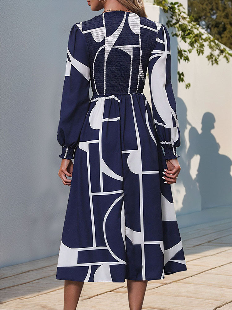 Geometric A-Line Midi Dress with Smocked Bodice