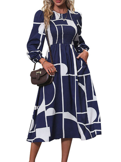 Geometric A-Line Midi Dress with Smocked Bodice