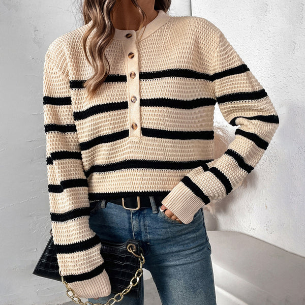 Loose Striped Knit Sweater with Henley Placket
