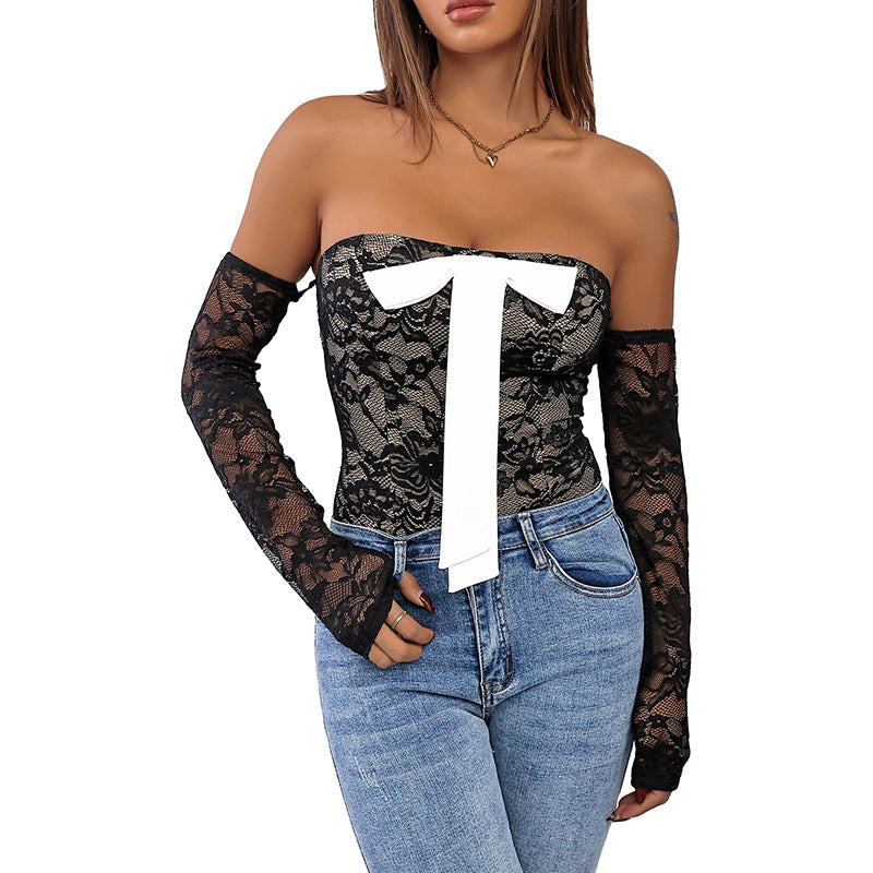 Lace Strapless Bodysuit with Front Bow and Matching Sleeves