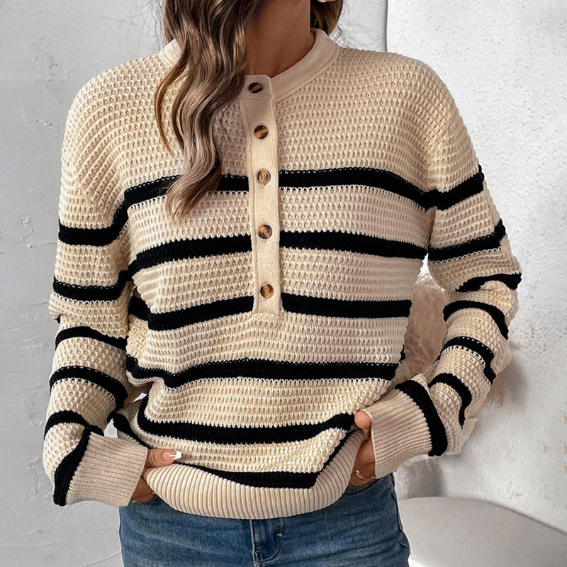 Loose Striped Knit Sweater with Henley Placket