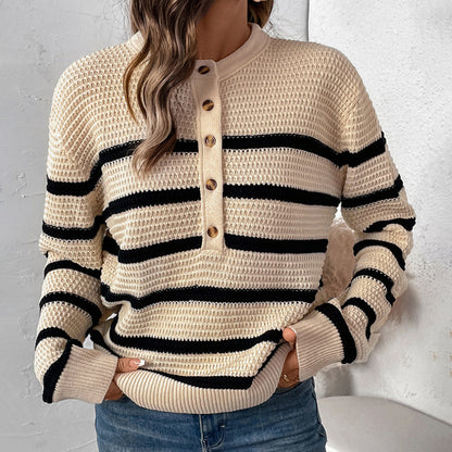 Loose Striped Knit Sweater with Henley Placket