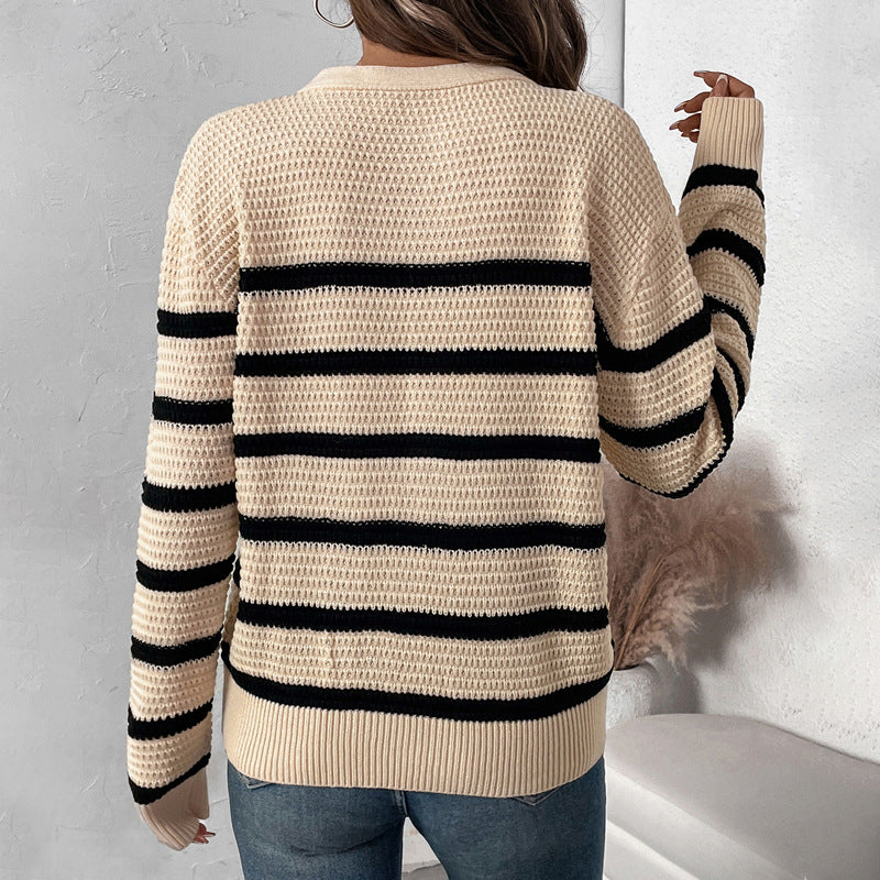 Loose Striped Knit Sweater with Henley Placket