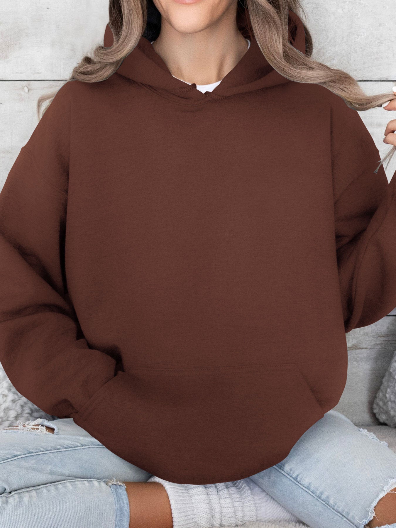 Solid Color Loose Fit Hoodie with Kangaroo Pocket