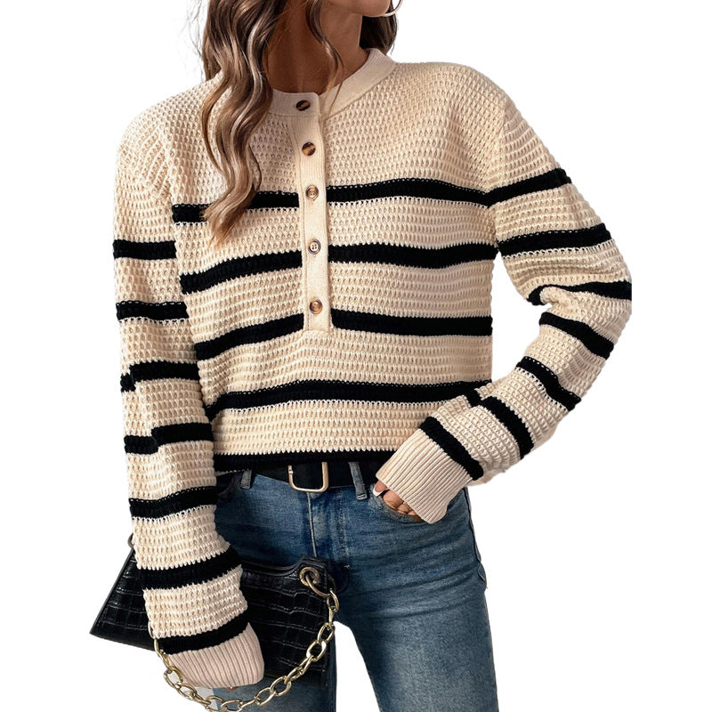 Loose Striped Knit Sweater with Henley Placket