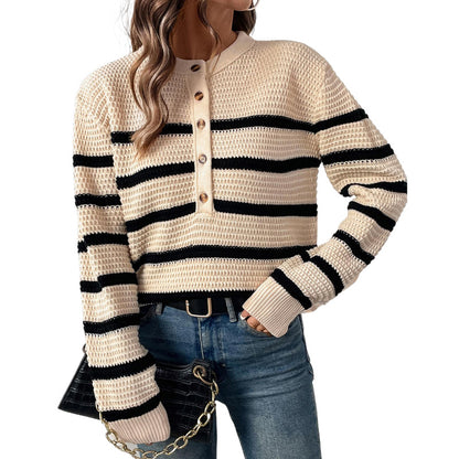 Loose Striped Knit Sweater with Henley Placket