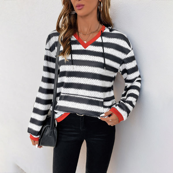 Striped Hoodie with Contrast V-Neck and Pocket