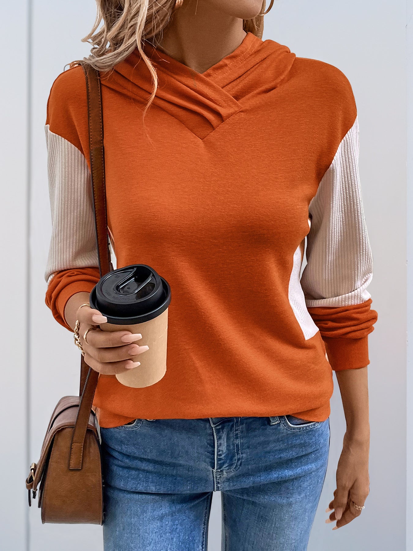 Color-Block Hoodie with Ribbed Sleeves and V-Neck