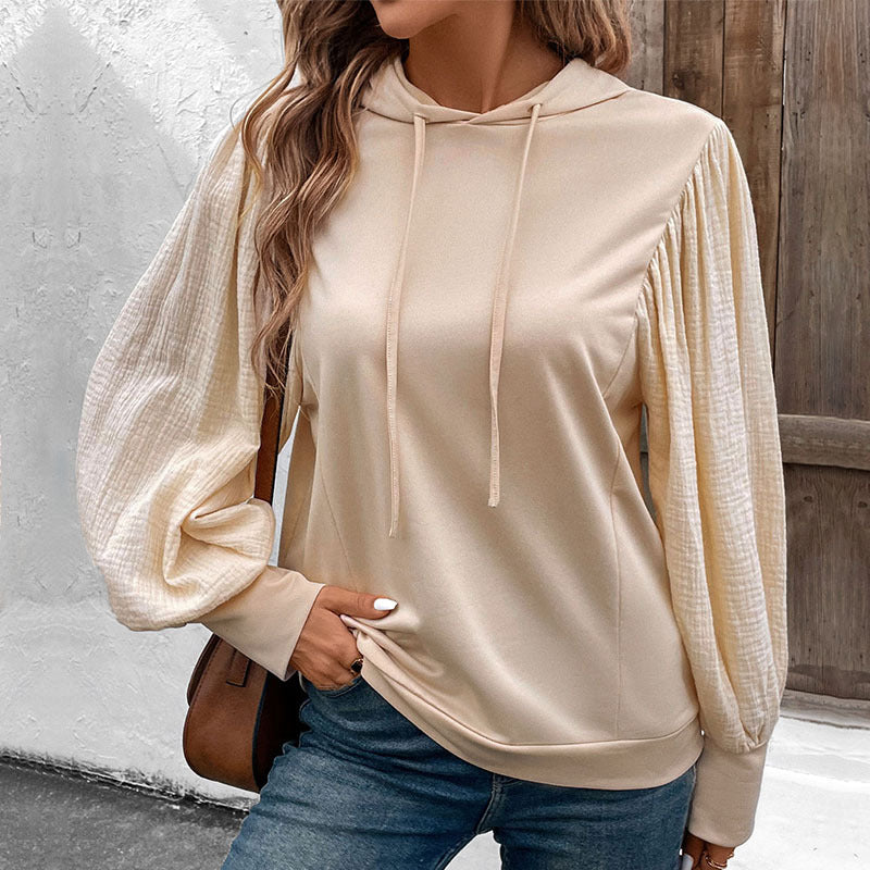 Loose Fit Solid Hoodie with Textured Puff Sleeves