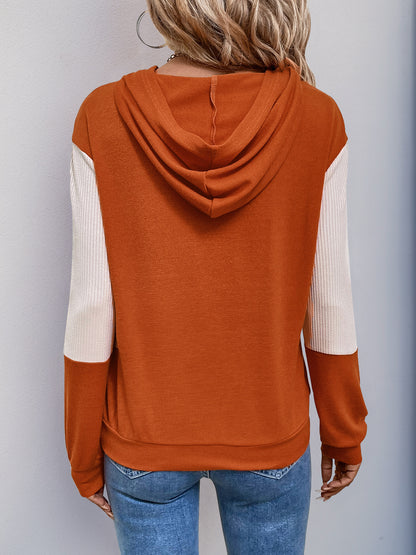 Color-Block Hoodie with Ribbed Sleeves and V-Neck