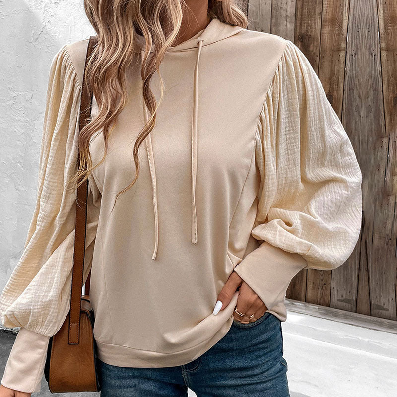 Loose Fit Solid Hoodie with Textured Puff Sleeves