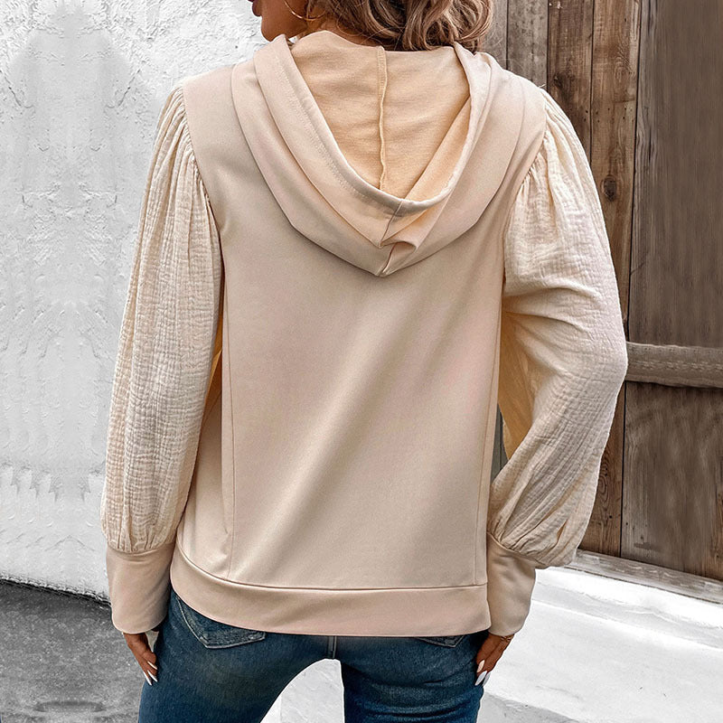 Loose Fit Solid Hoodie with Textured Puff Sleeves