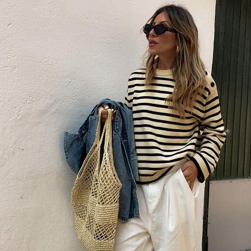 Loose Fit Striped Sweater with Round Neck and Shoulder Buttons