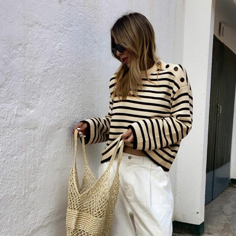 Loose Fit Striped Sweater with Round Neck and Shoulder Buttons