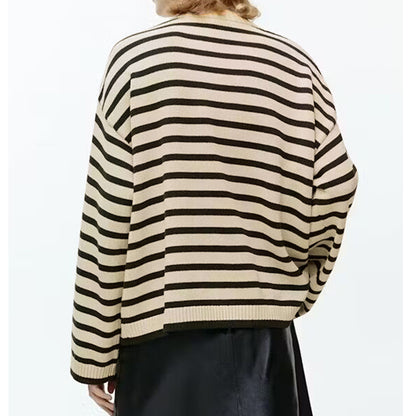 Loose Fit Striped Sweater with Round Neck and Shoulder Buttons