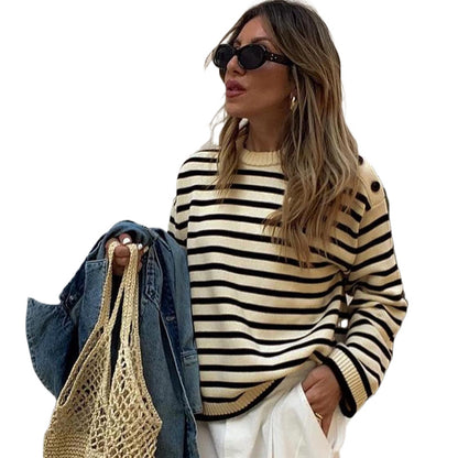 Loose Fit Striped Sweater with Round Neck and Shoulder Buttons