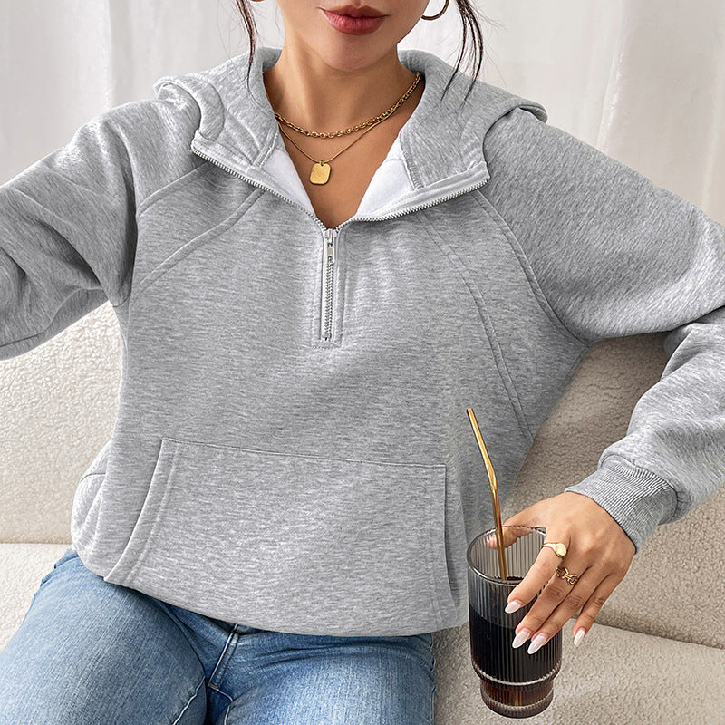 Solid Color Fleece Hoodie with Quarter-Zip Front