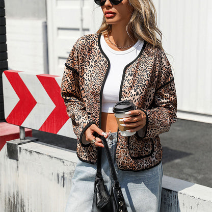 Loose Fit Leopard Print Open-Front Jacket with Round Neck
