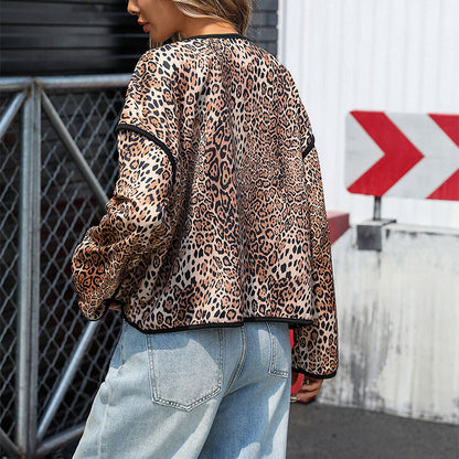 Loose Fit Leopard Print Open-Front Jacket with Round Neck