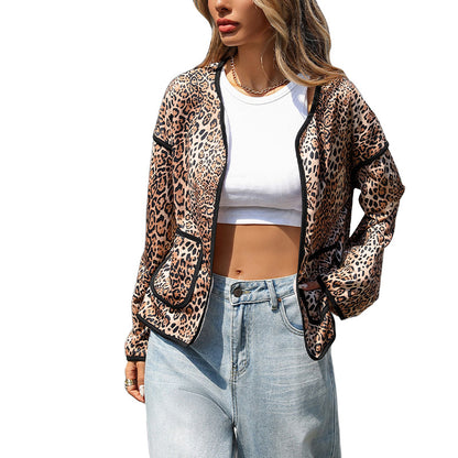 Loose Fit Leopard Print Open-Front Jacket with Round Neck