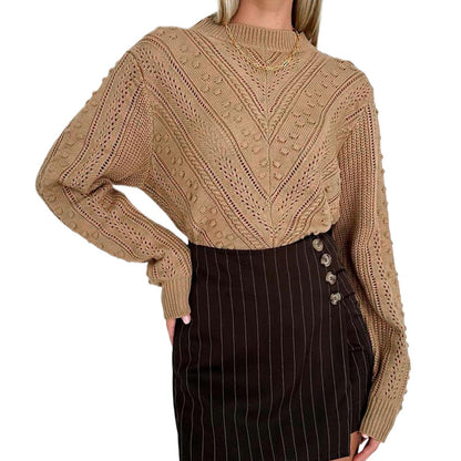 Loose Fit Pullover with Hollow-Out V-Pattern Crochet and Round Neck