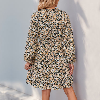 Floral A-Line Mini Dress with Stand Collar and Elasticated Waist