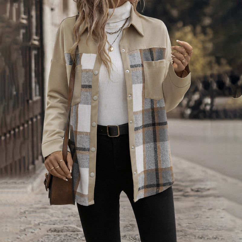 Spliced Plaid Shacket with Patch Pockets