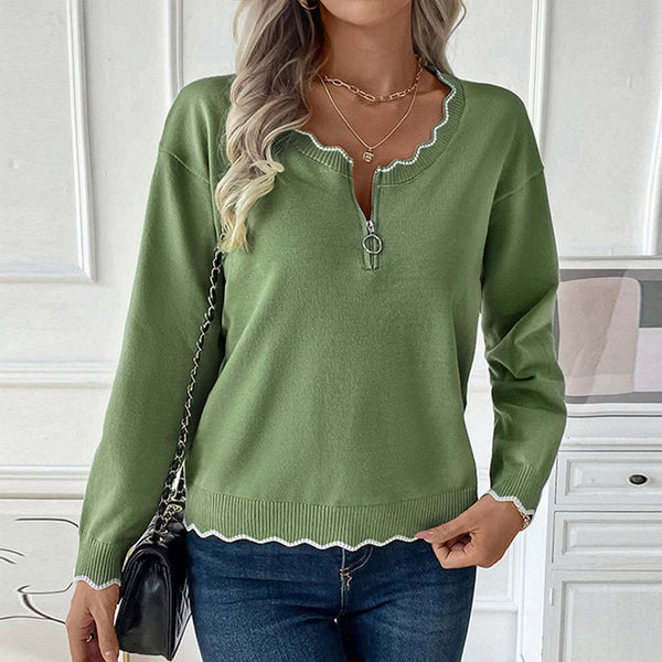 Solid Knit Sweater with Scallop Trim and Quarter-Zip Neck