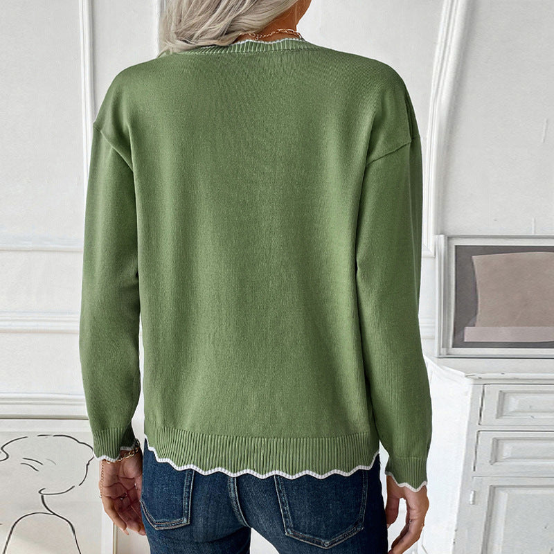 Solid Knit Sweater with Scallop Trim and Quarter-Zip Neck