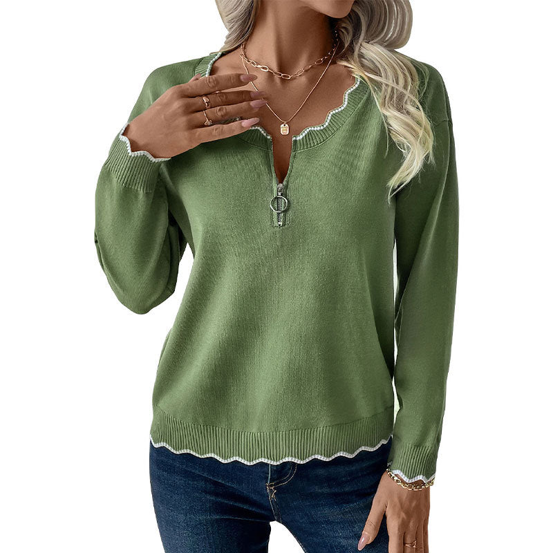 Solid Knit Sweater with Scallop Trim and Quarter-Zip Neck