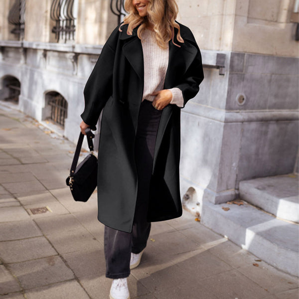 Solid Black Loose Fit Extended Length Coat with Suit Collar