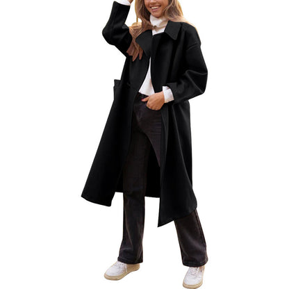 Solid Black Loose Fit Extended Length Coat with Suit Collar