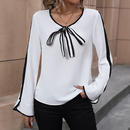 Color-Block Long-Sleeve Blouse with Bowknot and V-Neck