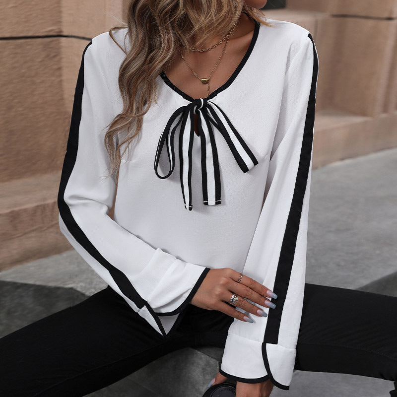 Color-Block Long-Sleeve Blouse with Bowknot and V-Neck